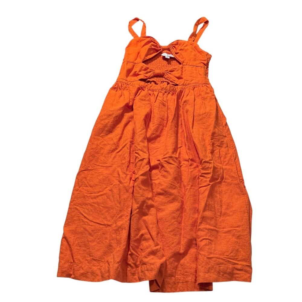 Fe Noel Orange Double Cut Out Midi Dress Bow Front Smocked Back Linen Blend L